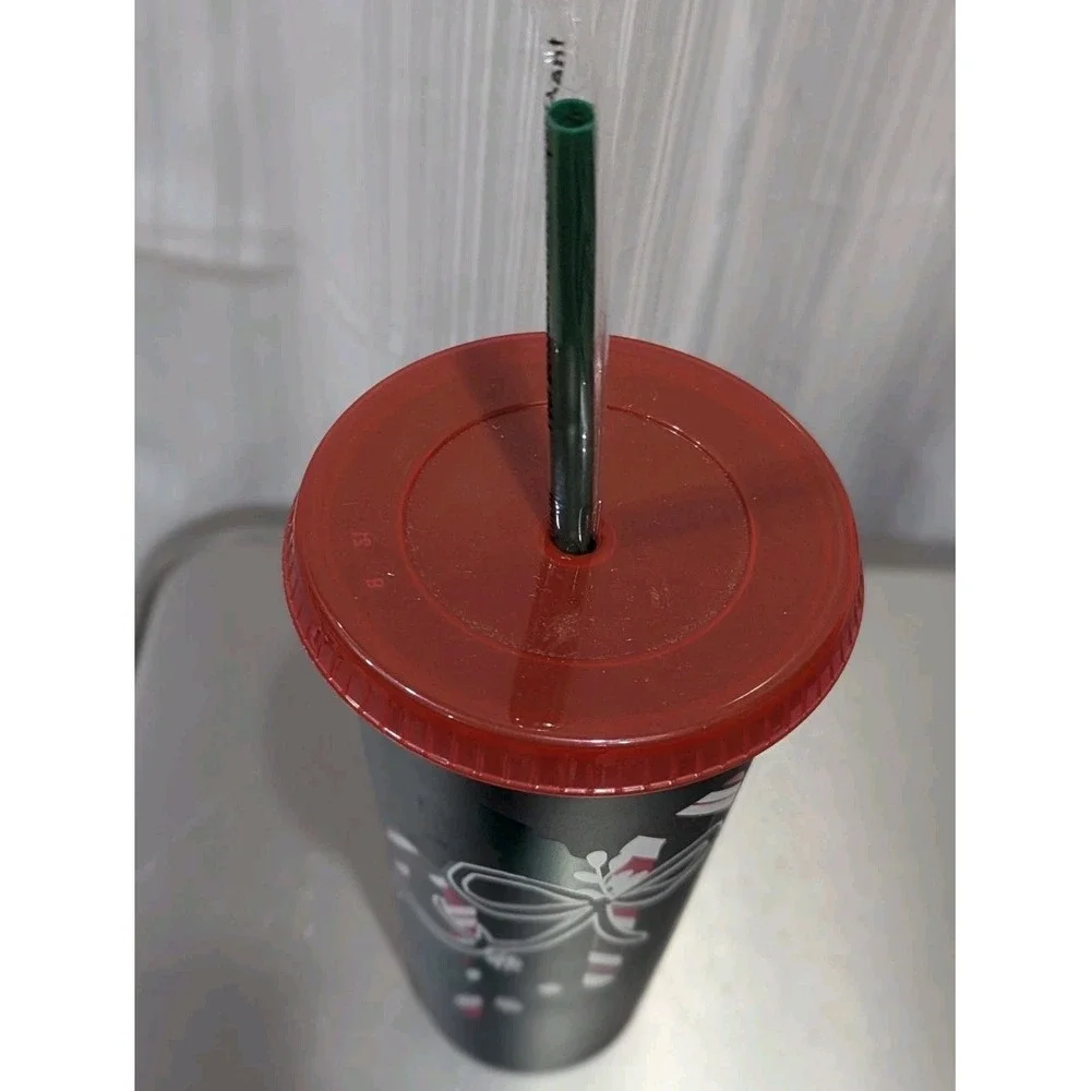 Starbucks‎ Reusable 2020 Holiday/Christmas Cold Cup Lid & Straw Candy Canes/Bows